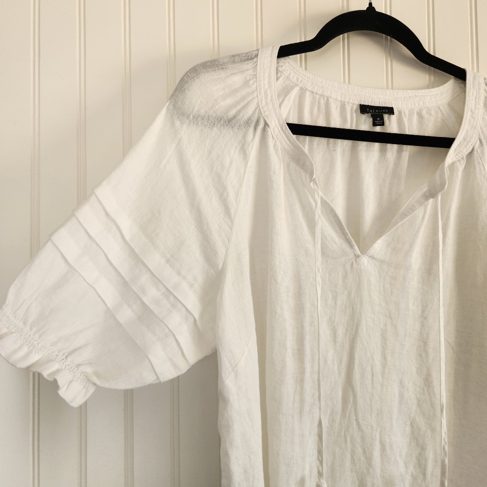 TALBOTS White 100% Linen Euro Summer Cottagecore Puff Sleeve Blouse Top Medium - Picture 2 of 6